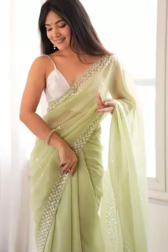 lime floral sequinned poly georgette designer saree