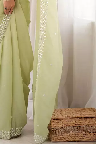 lime floral sequinned poly georgette designer saree