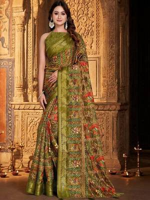 Olive ethnic motifs zari silk blend handloom banarasi saree 1