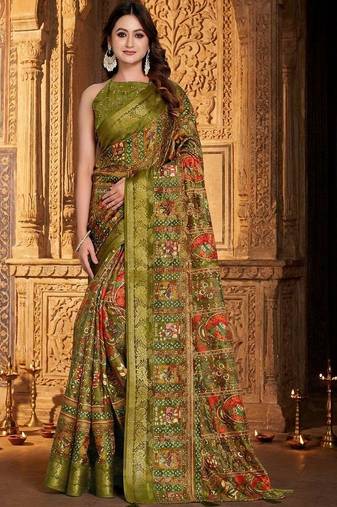 Olive ethnic motifs zari silk blend handloom banarasi saree