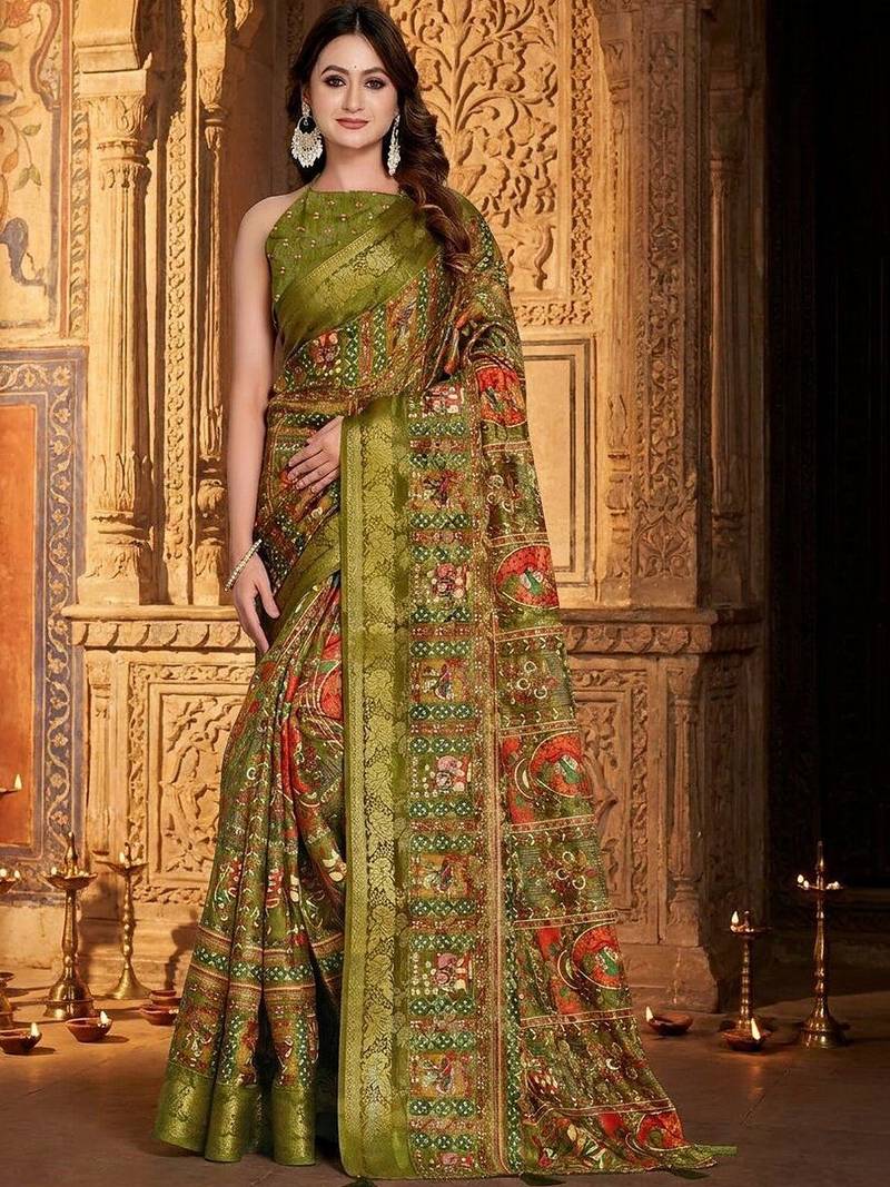 Olive ethnic motifs zari silk blend handloom banarasi saree