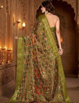 Olive ethnic motifs zari silk blend handloom banarasi saree 2