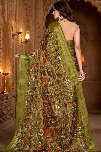 Olive ethnic motifs zari silk blend handloom banarasi saree
