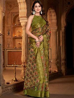 Olive ethnic motifs zari silk blend handloom banarasi saree 3