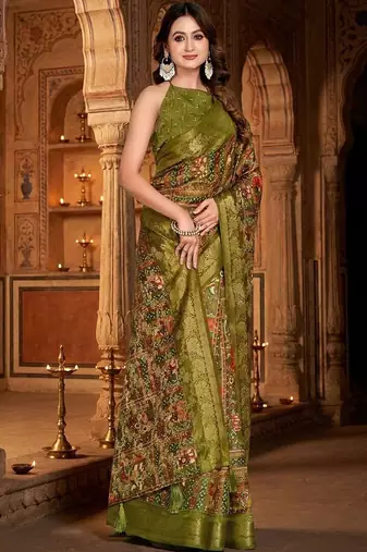 Olive ethnic motifs zari silk blend handloom banarasi saree