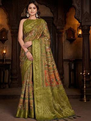 Olive ethnic motifs zari silk blend handloom banarasi saree 4