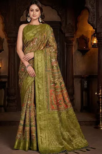 Olive ethnic motifs zari silk blend handloom banarasi saree