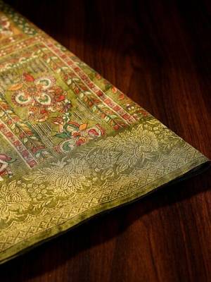 Olive ethnic motifs zari silk blend handloom banarasi saree 5