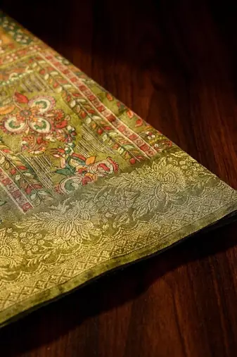 Olive ethnic motifs zari silk blend handloom banarasi saree