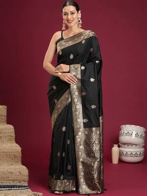 Black black woven design zari silk blend banarasi saree with unstiched blouse 1