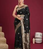 Black black woven design zari silk blend banarasi saree with unstiched blouse