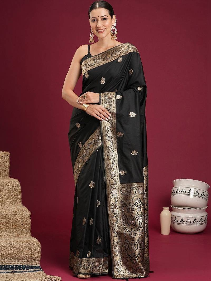 Black black woven design zari silk blend banarasi saree with unstiched blouse