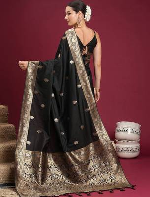 Black black woven design zari silk blend banarasi saree with unstiched blouse 2