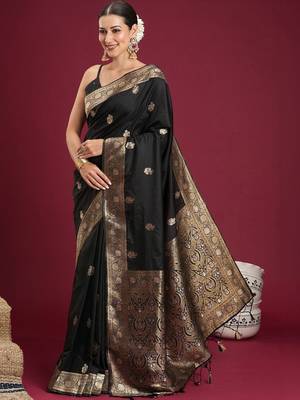 Black black woven design zari silk blend banarasi saree with unstiched blouse 3