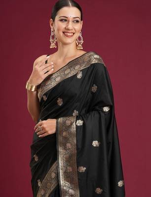 Black black woven design zari silk blend banarasi saree with unstiched blouse 4
