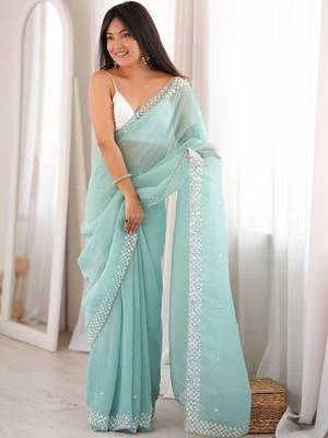 turquoise floral sequinned poly georgette designer saree 1