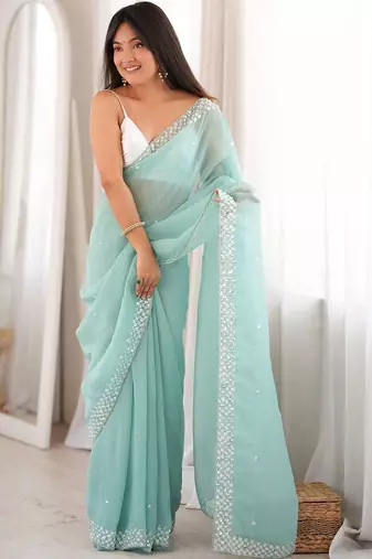 turquoise floral sequinned poly georgette designer saree