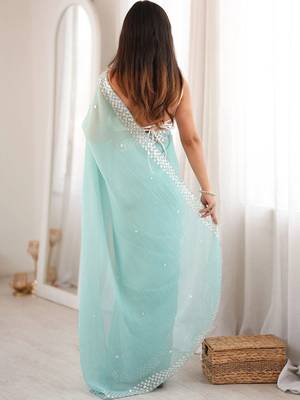 turquoise floral sequinned poly georgette designer saree 2