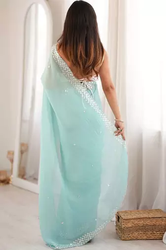 turquoise floral sequinned poly georgette designer saree