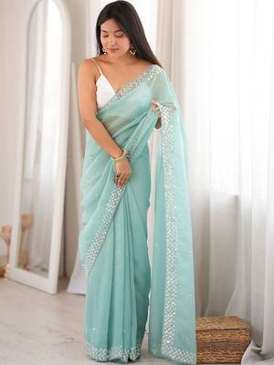turquoise floral sequinned poly georgette designer saree 3