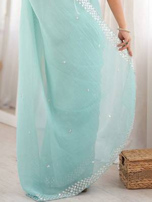 turquoise floral sequinned poly georgette designer saree 5