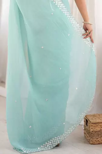 turquoise floral sequinned poly georgette designer saree