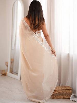 beige floral sequinned poly georgette designer saree 2