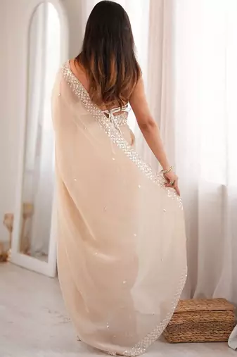 beige floral sequinned poly georgette designer saree