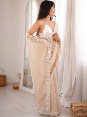 beige floral sequinned poly georgette designer saree 3