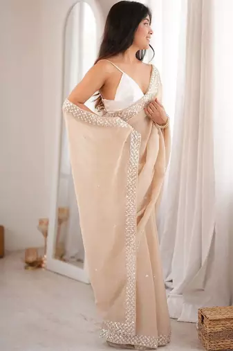 beige floral sequinned poly georgette designer saree