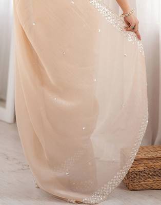 beige floral sequinned poly georgette designer saree 5