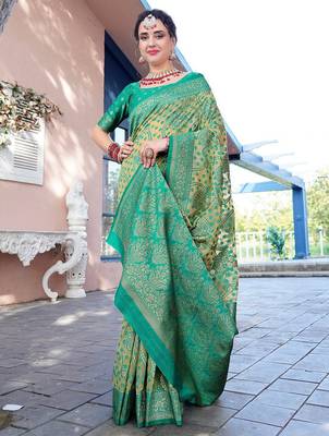 turquoise blue & cream-coloured ethnic motifs woven design saree 1