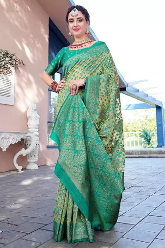 turquoise blue & cream-coloured ethnic motifs woven design saree
