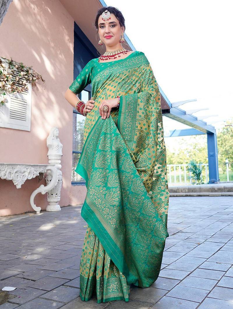 turquoise blue & cream-coloured ethnic motifs woven design saree
