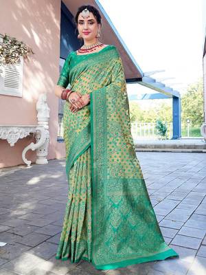 turquoise blue & cream-coloured ethnic motifs woven design saree 2