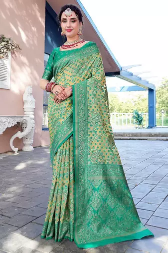 turquoise blue & cream-coloured ethnic motifs woven design saree