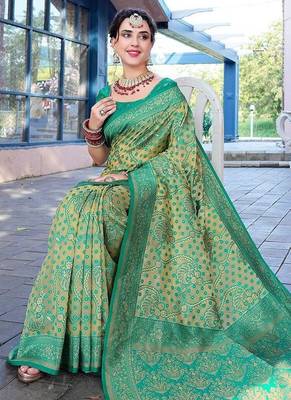 turquoise blue & cream-coloured ethnic motifs woven design saree 3