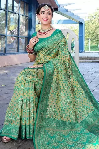 turquoise blue & cream-coloured ethnic motifs woven design saree