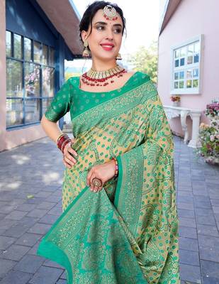 turquoise blue & cream-coloured ethnic motifs woven design saree 4
