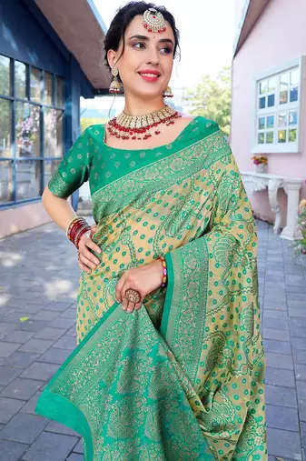turquoise blue & cream-coloured ethnic motifs woven design saree