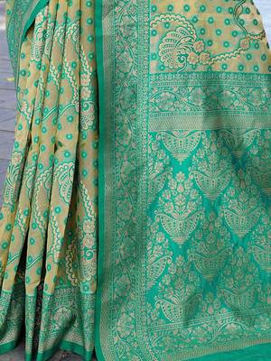 turquoise blue & cream-coloured ethnic motifs woven design saree 5