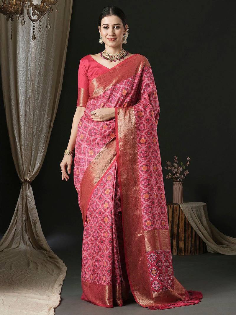 Pink ethnic motifs printed zari patola saree