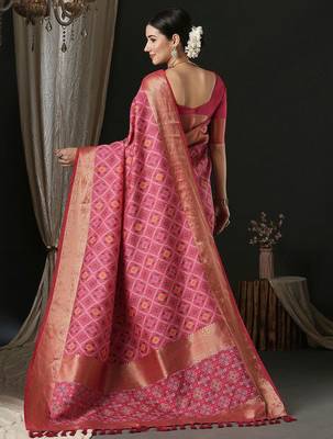 Pink ethnic motifs printed zari patola saree 2