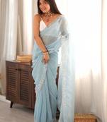 blue floral sequinned poly georgette designer saree