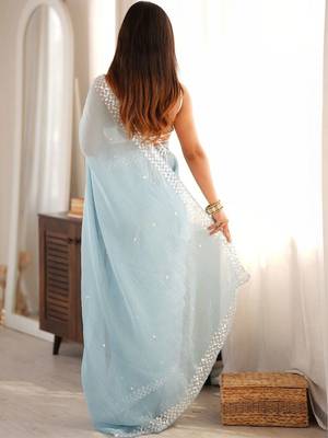 blue floral sequinned poly georgette designer saree 2