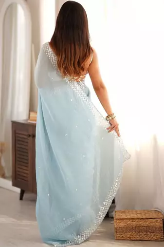 blue floral sequinned poly georgette designer saree