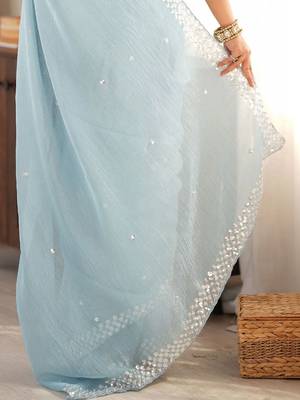 blue floral sequinned poly georgette designer saree 5