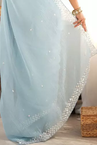 blue floral sequinned poly georgette designer saree