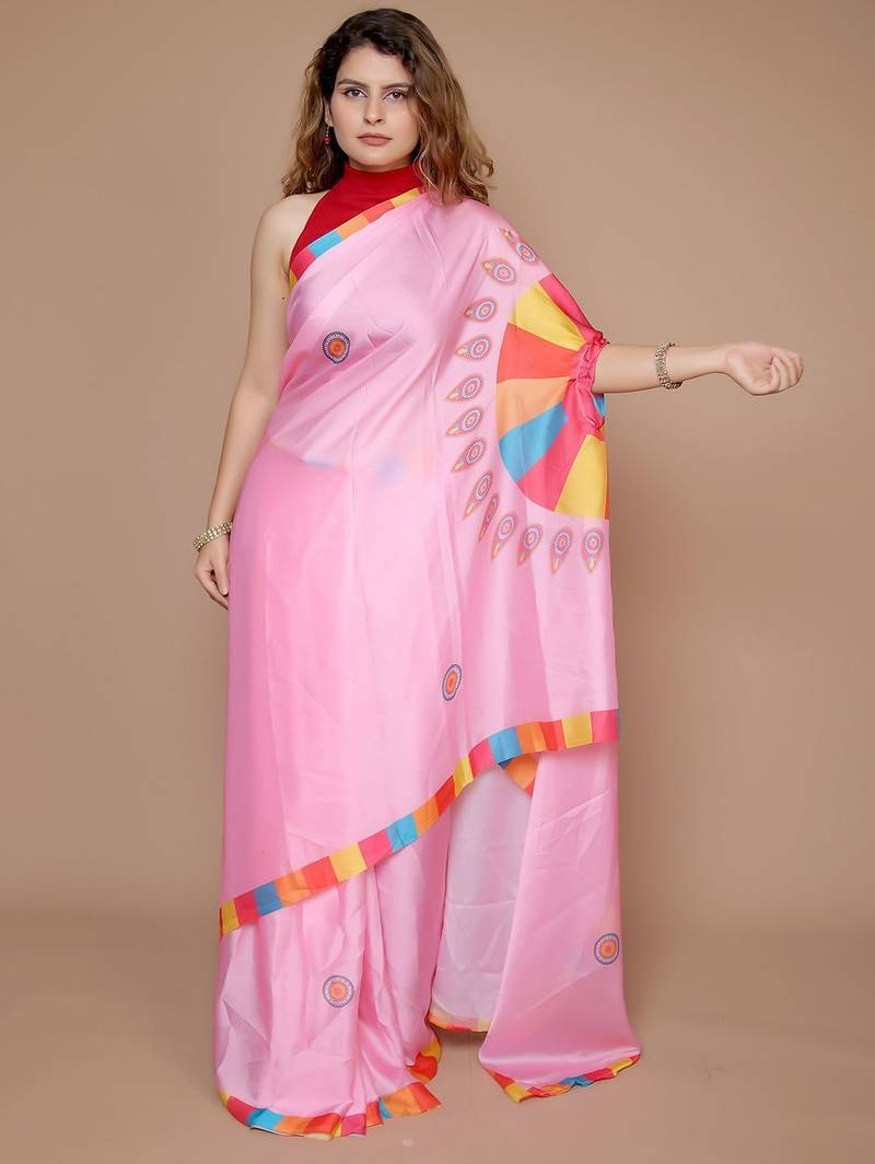 pink abstract printed satin saree