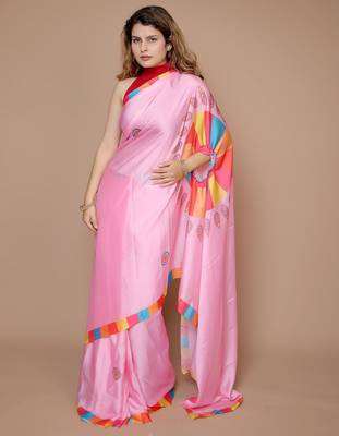 pink abstract printed satin saree 3